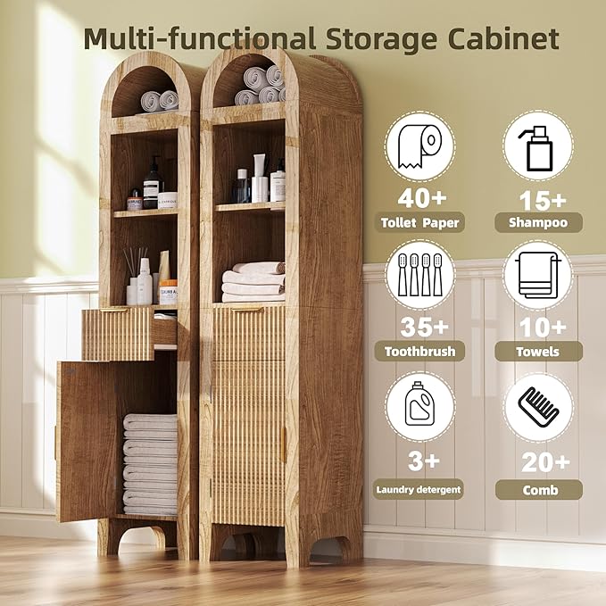 64.2" Arched Bathroom Storage Cabinet with 3 Shelves, Drawer, and Hidden Compartment – Modern Oak Storage Unit for Bathroom, Entryway, Living Room