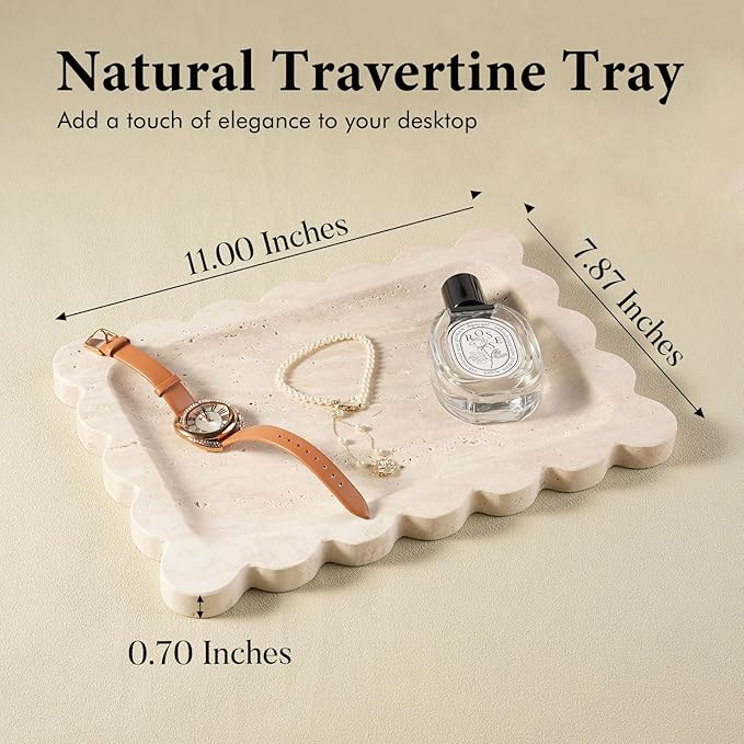 Koville Romano Travertine Vanity Tray, 11"x8" Natural Marble Decorative Scalloped Tray for Jewelry Cosmetics Perfume Trinket, Stone Organizer Tray for Countertop Bathroom Kitchen Dresser(Beige)