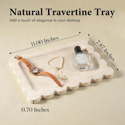 Koville Romano Travertine Vanity Tray, 11"x8" Natural Marble Decorative Scalloped Tray for Jewelry Cosmetics Perfume Trinket, Stone Organizer Tray for Countertop Bathroom Kitchen Dresser(Beige)