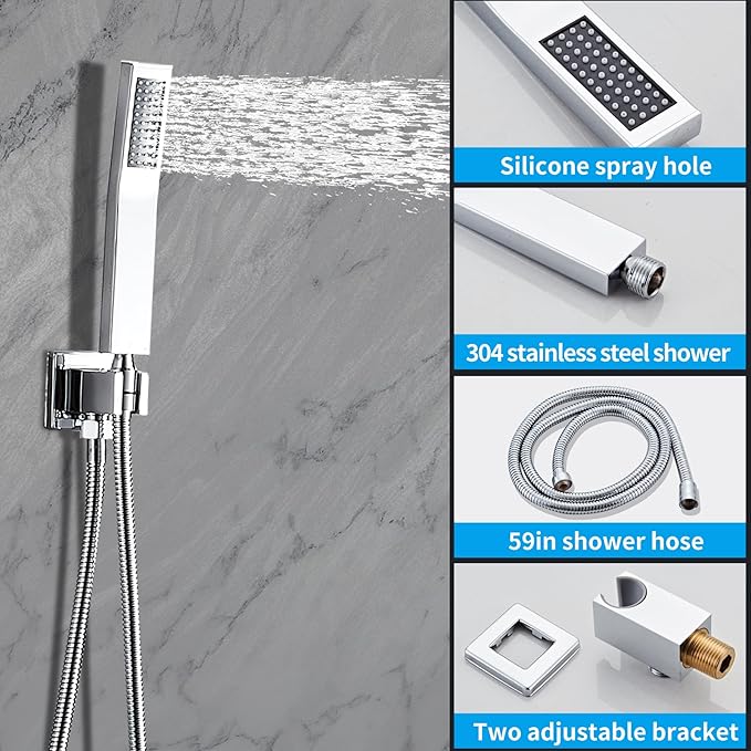 12inch Polished Chrome Shower System with Tub Spout, Shower Faucet Set with Rain Shower Head and Handheld 3-Setting, Waterfall Bathtub Spout Rainfall Shower Combo Set for Bathroom Wall Mounted