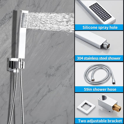 12inch Polished Chrome Shower System with Tub Spout, Shower Faucet Set with Rain Shower Head and Handheld 3-Setting, Waterfall Bathtub Spout Rainfall Shower Combo Set for Bathroom Wall Mounted