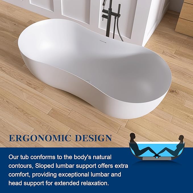 67 Inch Stone Resin Freestanding Bathtub, Contemporary Peanut Oval Stand Alone Soaking Tubs, Solid Surface Bathtub with Drain & Integrated Slotted Overflow Matte White AM331-1700