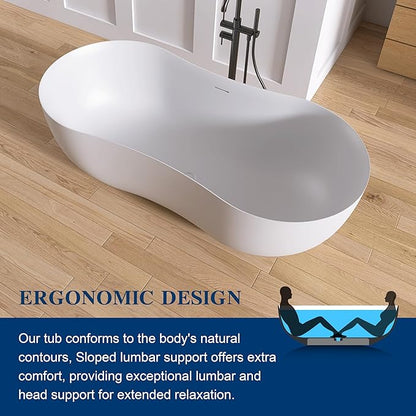 67 Inch Stone Resin Freestanding Bathtub, Contemporary Peanut Oval Stand Alone Soaking Tubs, Solid Surface Bathtub with Drain & Integrated Slotted Overflow Matte White AM331-1700