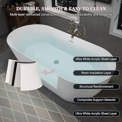 ABRUZZO 60" Acrylic Freestanding Bathtub - Oval Deep Soak Tub, Center Drain & Overflow, cUPC Certified Glossy White