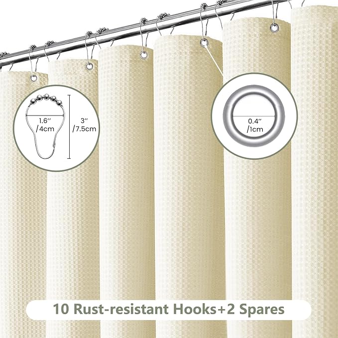 Inhousolu Fabric Shower Curtain Waffle Weave, 230 GSM Heavy Duty, Weighted Hem, 12 Metal Hooks, Water Repellent, Machine Washable, Hotel Spa Luxury Bath Curtain Set, 60 x 72 Inch, Ivory