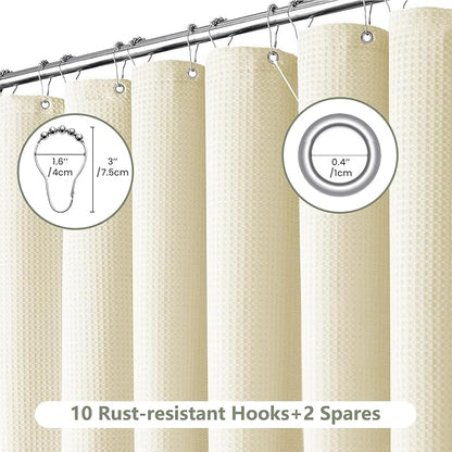 Inhousolu Fabric Shower Curtain Waffle Weave, 230 GSM Heavy Duty, Weighted Hem, 12 Metal Hooks, Water Repellent, Machine Washable, Hotel Spa Luxury Bath Curtain Set, 60 x 72 Inch, Ivory