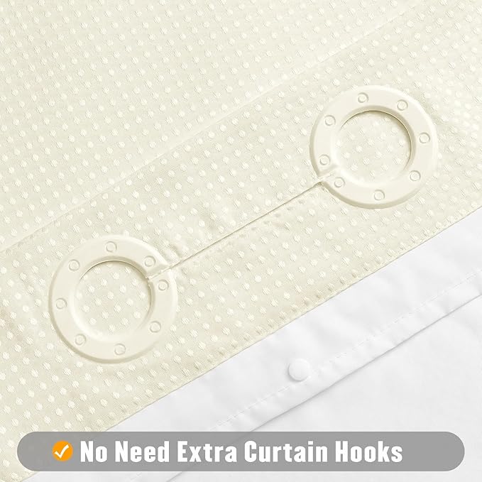 MitoVilla Ivory Long Shower Curtain Liner Set 72 x 80, No Hooks Needed 80 inch Long Heavyweight Waffle Fabric Shower Curtain Set with Snap-in Liner for Hotel Grade Spa-Like Bathroom Decor, Ivory/Beige