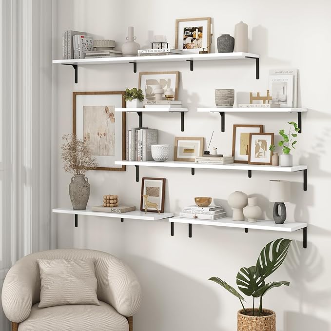 Fun Memories Deep Floating Shelves, 48W x 8D Floating Shelves Set of 2, Wall Mounted Shelf with Metal Brackets, Rustic Wood Wall Shelf for Bathroom, Kitchen and Living Room, White