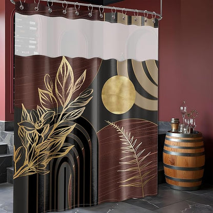 Dark Brown Boho See Through Mesh Top Shower Curtain with Window, Black and Brown Mid Century Modern Double Layer Shower Curtains with Snap in Liner, Waterproof Fabric with Hooks, 71x72 in