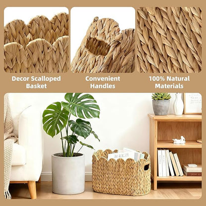 Toilet Paper Basket, 2 Packs Toilet Paper Storage Basket, Hand-Woven Wicker Bathroom Basket Organizer and Storage, Natural Water Hyacinth Slim Scalloped Basket Magazine Basket