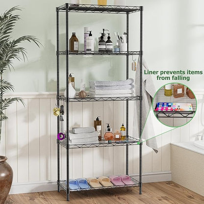Storage Shelves,21.3" W x 11.8" D x 58.5" H Wire Shelving Unit Loads 550LBS,5-tier Adjustable Metal Utility Shelf,Garage Shelves with Liner and Hooks,Home Storage Rack for Kitchen,Laundry,Pantry