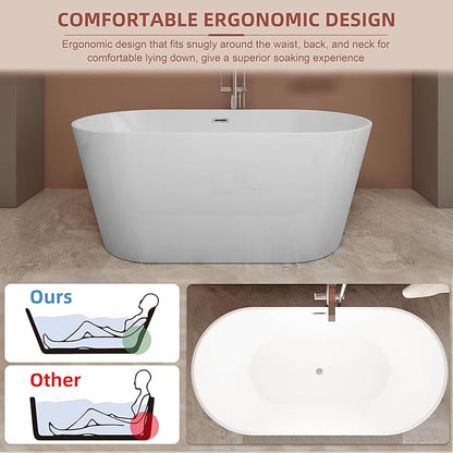 59 inch Freestanding Soaking Bathtub, Modern Stand Alone Free Standing Acrylic Tub with Center Drain & Overflow, Glossy White