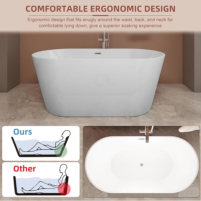 67 inch Freestanding Soaking Bathtub, Modern Stand Alone Free Standing Acrylic Tub with Center Drain & Overflow, Glossy White
