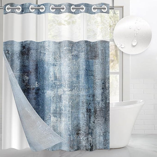 No Hook Grey Navy Blue Painting Shower Curtain with Snap in Fabric Liner Set, Abstract Double Layers Waterproof Fabric with See Through Top Window Open Grommet Bath Curtain 71x74 Inch