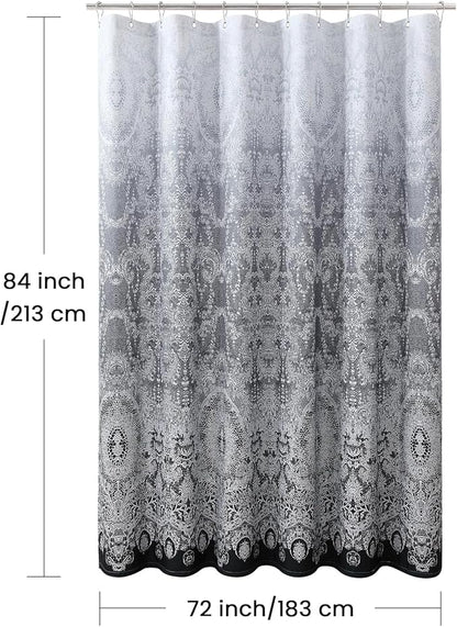Extra Long Shower Curtain - Chantilly Lace Design, Heavyweight Polyester, Black to White Ombre, 72" W x 84" H