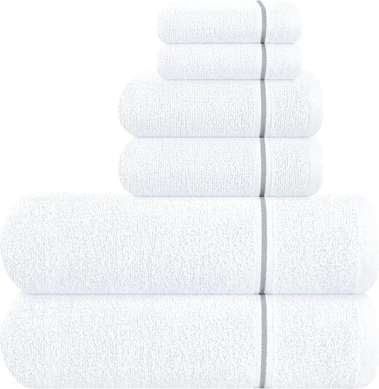 MyOwn Ultra Soft 6 Pack Cotton Towel Set, Contains 2 Bath Towels 28x55 inch, 2 Hand Towels 16x24 inch & 2 Wash Coths 12x12 inch, Ideal Everyday use, Compact & Lightweight - White