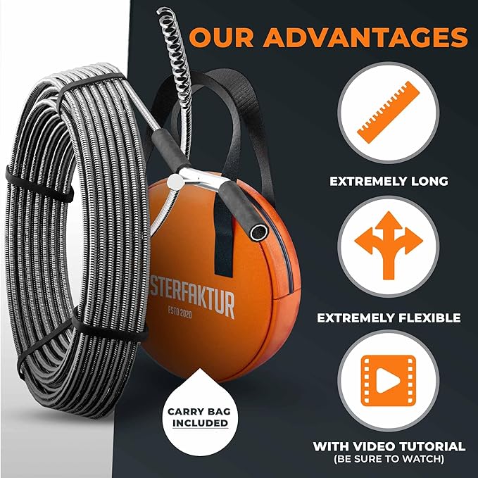 drain snake 3.0 [50 FT] - extremely long - Ideal plumbing snake for heavy & deep blockages - The drain auger for real do-it-yourselfers! (50 FT - 1/2 inch)