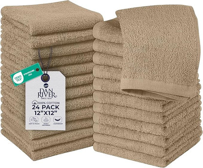 DAN RIVER 24 Pack Wash Cloths for Showering [12x12] - 100% Cotton Washcloths Premium Quality Flannel Face Cloths for Bathroom, Highly Absorbent and Soft Feel Wash Clothes, Tan