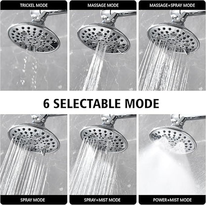 sumerain Luxurious 6" High Pressure Dual Shower Head Combo with 6 Settings and 20" Long Shower Arm for Couples, Chrome Finish