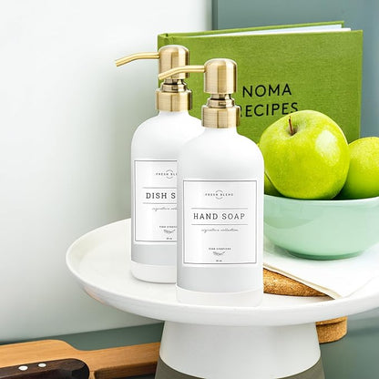 Vine Creations White Glass Soap Dispenser, 2 Pack Kitchen Soap Dispenser Set with Stainless Steel Pump, 16 oz Dish Soap and Hand Soap Dispensers for Bathroom with Waterproof Labels