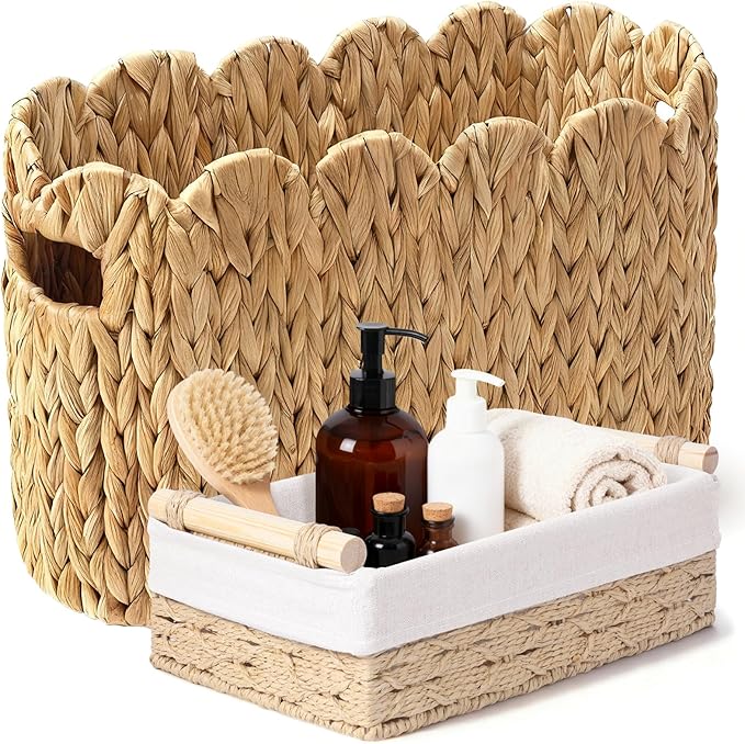 Toilet Paper Basket, 2 Packs Toilet Paper Storage Basket, Hand-Woven Wicker Bathroom Basket Organizer and Storage, Natural Water Hyacinth Slim Scalloped Basket Magazine Basket