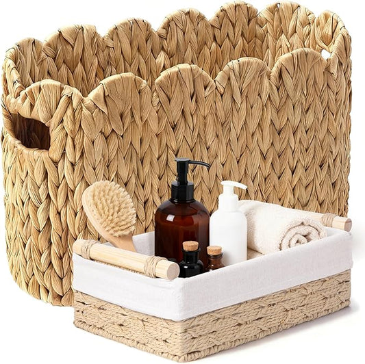 Toilet Paper Basket, 2 Packs Toilet Paper Storage Basket, Hand-Woven Wicker Bathroom Basket Organizer and Storage, Natural Water Hyacinth Slim Scalloped Basket Magazine Basket