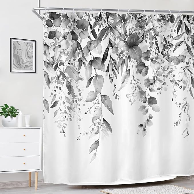Riyidecor Black White Eucalyptus Shower Curtain for Bathroom Decor 72Wx72H Leaves Dark Plants Watercolor Floral Rustic Botanical Leaf Art Printed Fabric Polyester Waterproof 12 Pack Plastic