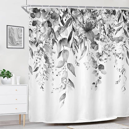 Riyidecor Black White Eucalyptus Shower Curtain for Bathroom Decor 72Wx72H Leaves Dark Plants Watercolor Floral Rustic Botanical Leaf Art Printed Fabric Polyester Waterproof 12 Pack Plastic