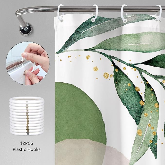 Green Boho Shower Curtain 72Wx72H Mid Century Modern Abstract Gold Olive Tropical Palm Leaves Plant Geometric Bathroom Decor Minimalist Bohemian Bath Curtain Fabric Polyester 12 Pack Hooks