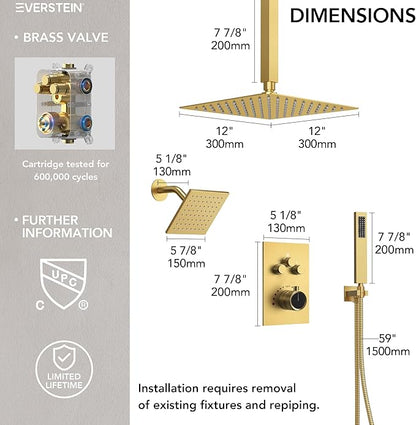 Ceiling Mount 12" High-Pressure Rainfall Shower Faucet, Dual Rainfall Shower Head System with Valve (Brushed Gold)
