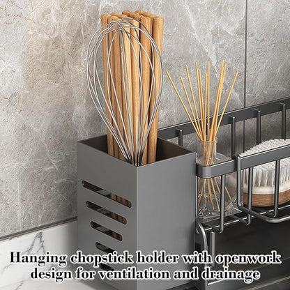 Kitchen Sink Caddy Organizer, Sponge Holder for Kitchen Sink with Drain Tray, 3 Compartments Utensil Drying Rack, Kitchen Utensils Holder with Towel Bar, Kitchen Countertop Organizers