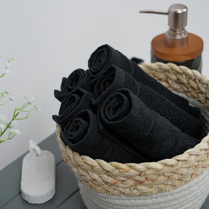 Tens Towels Pack of 24 Washcloths, 12 x 12 Inches, Lighter Weight, Quick to Dry, Super Soft & Absorbent, Gentle Face Towels, Hotel Quality, Perfect for Bathroom, Gym, Spa (Black, 24 Pack)
