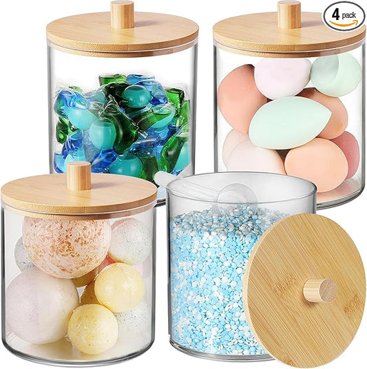 SheeChung 4 Pack 50 Oz Large Apothecary Jar with Bamboo Lid, Laundry Pods Container, Storage Jars for Bathroom Organization, Plastic Canisters with Cute Stickers Spoons(Natural)