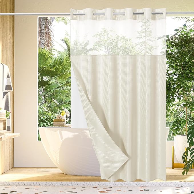 Gibelle Extra Long Shower Curtain 72x86, Waffle Weave Bathroom Shower Curtain with Snap-in Fabric Liner Set, No Hooks Needed, Hotel Style with Mesh Top Window, Ivory