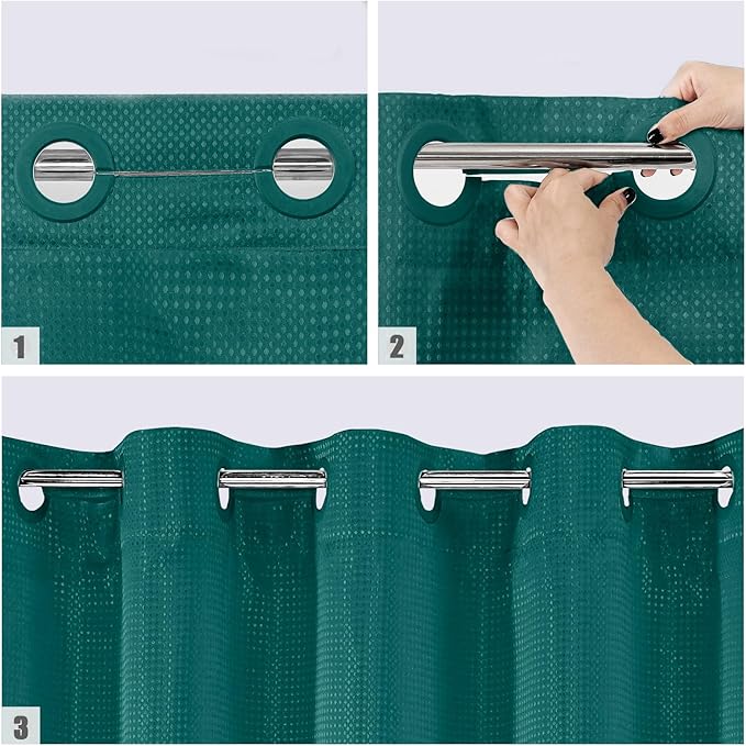 MitoVilla Dark Green Long Shower Curtain Liner Set 72 x 80, No Hooks Needed 80 inch Long Heavyweight Waffle Fabric Shower Curtain Set with Snap-in Liner for Hotel Grade Spa-Like Bathroom Decor