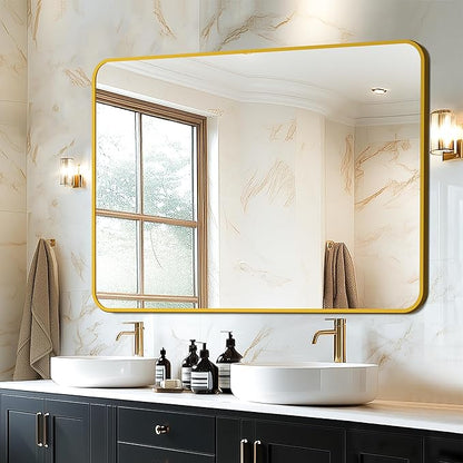 Delma Bathroom Mirror, Sleek Wall Mirror for Over Sink, Tempered Glass, Anti-Rust, Hangs Horizontally or Vertically for Bathrooms, Bedrooms & Entryways(40x28, Gold)