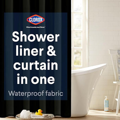 CLOROX 2-in-1 Bathroom Shower Curtain Liner, Durable Fabric, Weighted Magnets for Bath Water Control, Washable Premium Quality, Modern - 72" x 72" Black