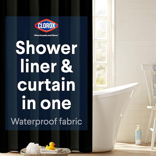 CLOROX 2-in-1 Bathroom Shower Curtain Liner, Durable Fabric, Weighted Magnets for Bath Water Control, Washable Premium Quality, Modern - 72" x 72" Black