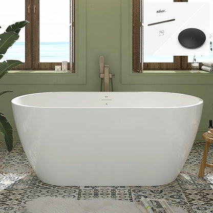 FerdY 59" Bali Elite Acrylic Freestanding Bathtub, Gracefully Shaped Freestanding Soaking Bathtub, cUPC Certified, Toe-Tap Black Drain and Minimalist Linear Design Overflow Included