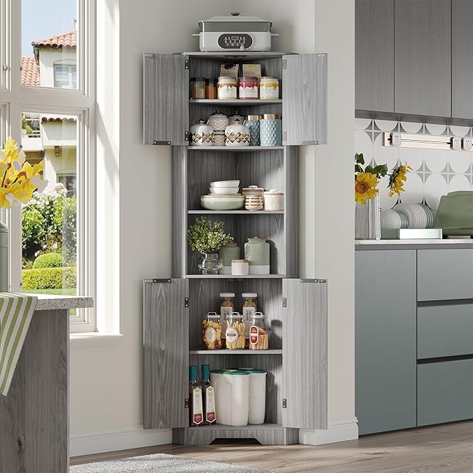 Fameill Tall Corner Cabinet with 2 Doors and 2 Open Storage Shelves, 68” Corner Storage Cabinet with Fluted Door Design, Home Space Saver for Living Room, Bathroom, Kitchen, Laundry, Grey
