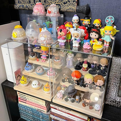 Choowin 4 Tier Small Clear Acrylic Display Case for Collectibles, Mini Figures, Pop Mart, Labubu, Sonny Angel, Smiski - Assemble Dustproof Acrylic Display Box with Door, Stand (Wood Base Step)