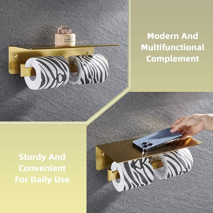 Angle Simple Toilet Paper Holder with Shelf Brushed Gold, 304 Stainless Steel Double Toilet Tissue Holder for Wall
