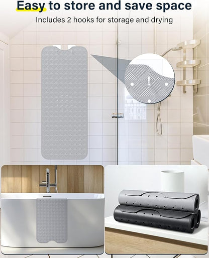 Non Slip Bathtub Mat for Tub & Shower, Machine Washable 40"x16" Anti Slip Bath Mat with 2 Hooks, Soft & Comfortable and Extra Large for Families, Grey