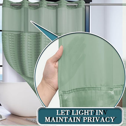 Conbo Mio Extra Long No Hook Sage Green Shower Curtain with Snap in Liner Set, Hotel Luxury Shower Curtains for Bathroom with See Through Top Window, Waterproof, Washable 71W x 84H