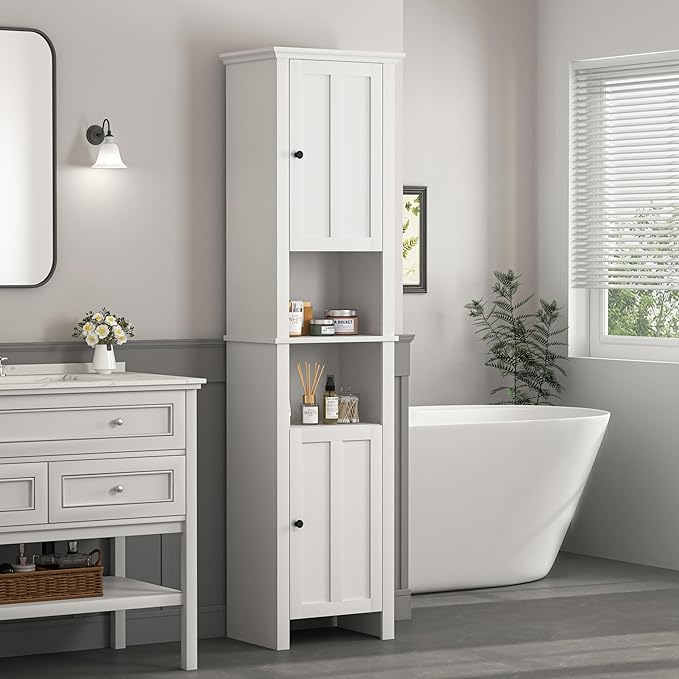 Tall Bathroom Storage Cabinet with Adjustable Shelves,66.92" H Slim 1-Door Freestanding Cabinet for Small Spaces, Bathroom,Kitchen, Living Room,White (Farmhouse)
