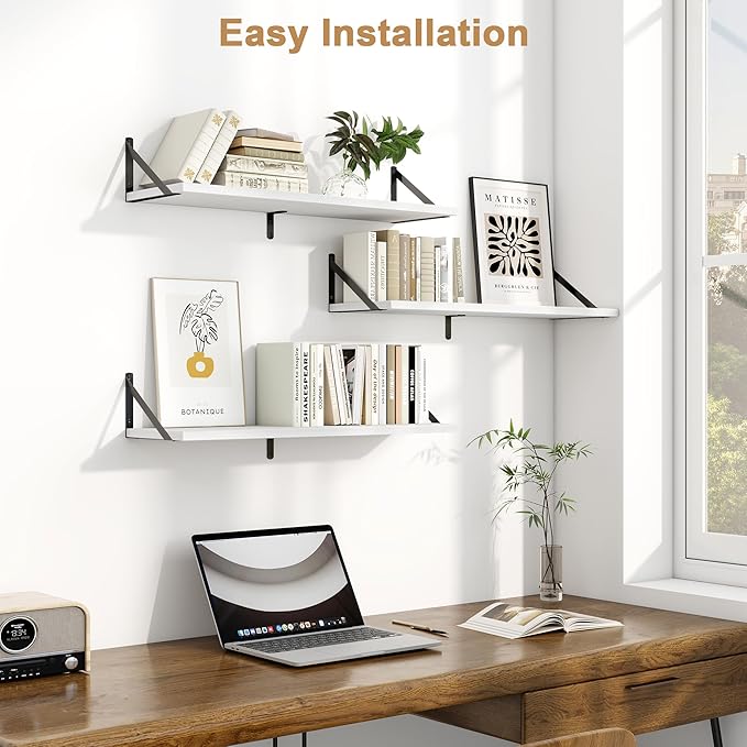Fun Memories Floating Shelves, 32 x 8 Inches, Set of 3 Wall-Mounted Bookshelves with Metal Brackets, Decorative Storage for Home and Office (White)