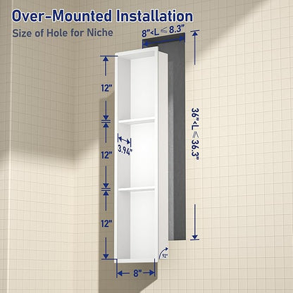 Stainless Steel Shower Niche 36" X 8" White No Tile Needed Niche Shower with 3-Tiers Shelf for Bathroom Storage Recessed Wall Niches Bathroom Shelf Over Mount Installation