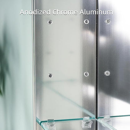 WELLFOR 20" x 30" Bathroom Medicine Cabinet, Anodized Chrome Aluminum Frame, Medicine Cabinet with Adjustable Glass Shelves, Bathroom Cabinet with Reverse Door Installation, Surface or Recessed Mount