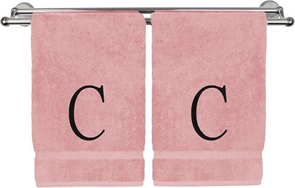 Monogrammed Hand Towel, Personalized Initial Gift, Extra Absorbent 100% Turkish Cotton - Soft Terry Finish - Set of 2 - Black Block Initial C - Embroidered on Pink Towels