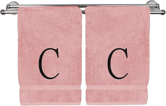 Monogrammed Hand Towel, Personalized Initial Gift, Extra Absorbent 100% Turkish Cotton - Soft Terry Finish - Set of 2 - Black Block Initial C - Embroidered on Pink Towels